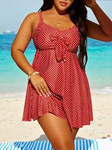 Swim Lushoire Plus Size Summer Beach Polka Dot Print Tie Front Swimsuit Dress - Red and White - View 5