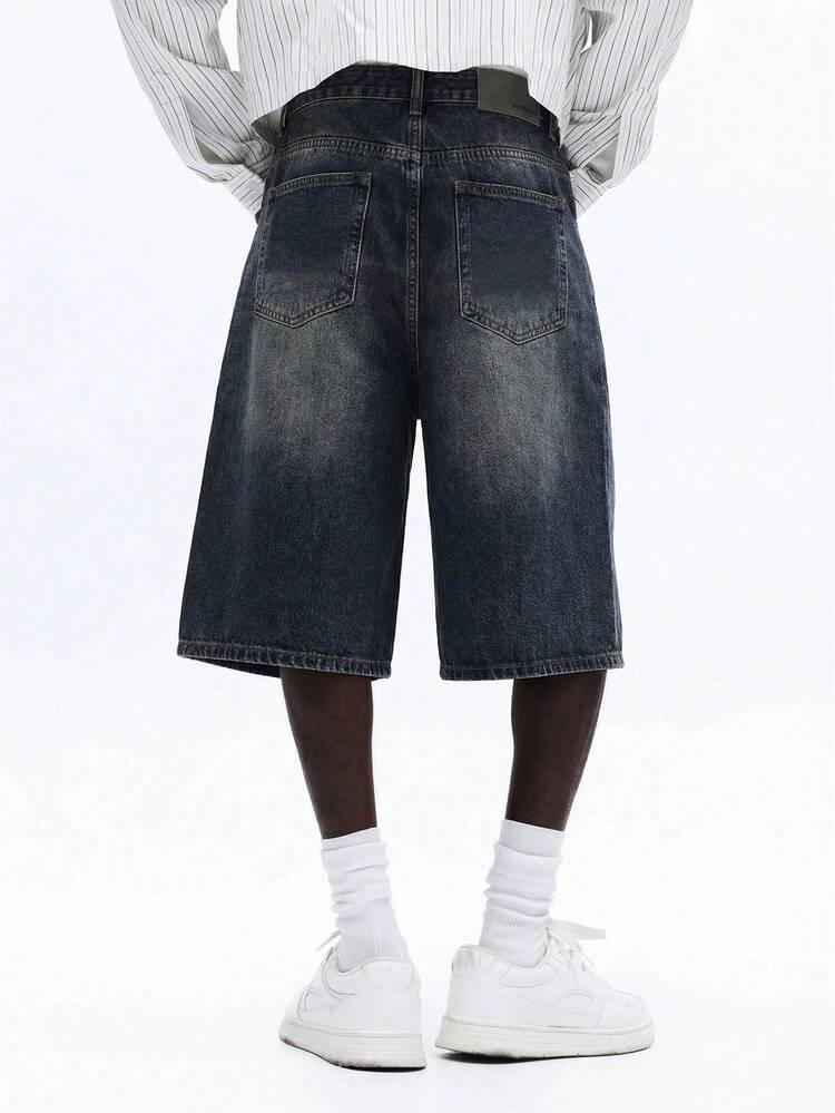 Men's Distressed Denim Jorts Wide Leg Knee Length Shorts Casual Summer Streetwear Vintage Washed Oversized Fit