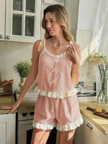 Snug Reverie Ruffle Strap Shorts Pajama Set Sleeping Dusty Pink Summer Cute - Coral Pink - View 3