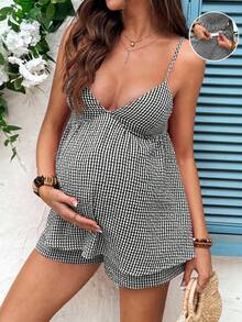SHEIN Maternity Plaid Ruched Camisole Top And Adjustable Waist Shorts Casual 2 Pieces Set - Black and White - View 1