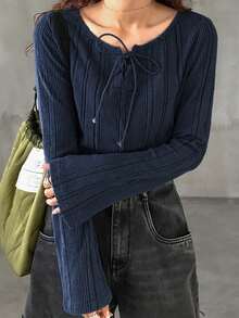 FRIFUL Women Casual Solid Color Cross Strap Long Sleeve Fitted T-Shirt,Fall Women Clothes - Navy Blue - View 4