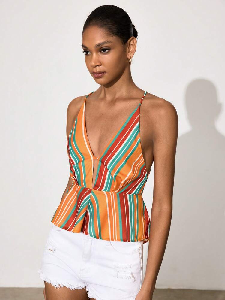 SHEIN Maija Women's Vacation Casual Contrast Stripe Backless Halter Top,Vacation Outfits Women