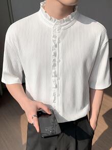 Manfinity Unisex Men's Solid Color Ruffle Trim Short Sleeve Single-Breasted Shirt - White - View 3