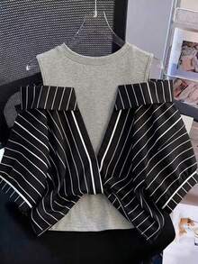 GlowEve Striped Faux Two-Piece Shirt Vacation Outfits For Women - Black - View 2