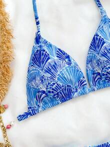 SHEIN Teen Girl/Teen Girls Shell Print Halter Bikini Sets,Casual Vacation Beach Style For Teens Two Pieces Swimwear Bathing Suits Swimwears 2 - Blue - View 5