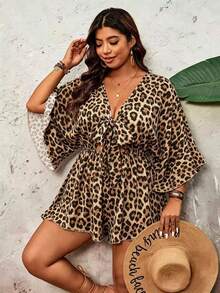 SHEIN VCAY Plus Size Holiday Leopard Print Batwing Sleeve Ruffle Hem Tie Waist Jumpsuit, Mother's Day Gift, Easter Outfit, Women's Vacation Wear, Women's Concert Outfit - Brown - View 5