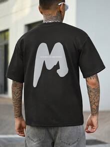 Devon Thys 男士字母图案落肩T恤，秋季 - 黑色 - 查看 2