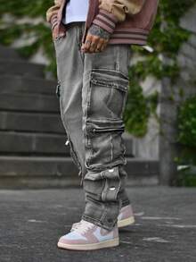 Devon Thys Men's Multi-Pocket Simple Fashion Multi-Pocket Denim Jeans, Casual Everyday Wear - Grey - View 5