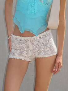 Sydney Algeri Solid Color Lace Patchwork Tie-Knot Casual Vacation Shorts,Low Rise Shorts,Comfy Shorts - Apricot - View 4