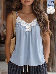 EMERY ROSE 女士夏季吊带V领蕾丝边休闲百搭背心 - 藍色 - 查看 1