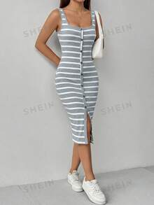 Flirla Petite Women's Striped Print Simple Daily Dress Maxi Women Outfit - Grey - View 4