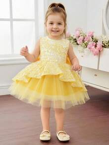Glamorique Kids 女婴黄色提花面料连衣裙，拖尾裙摆，后背蝴蝶结装饰，适合生日派对、婚礼宾客、节日等场合，女婴公主裙，女婴派对连衣裙，女婴薄纱连衣裙，小女孩连衣裙，黄色婴儿连衣裙 - 黃色 - 查看 9