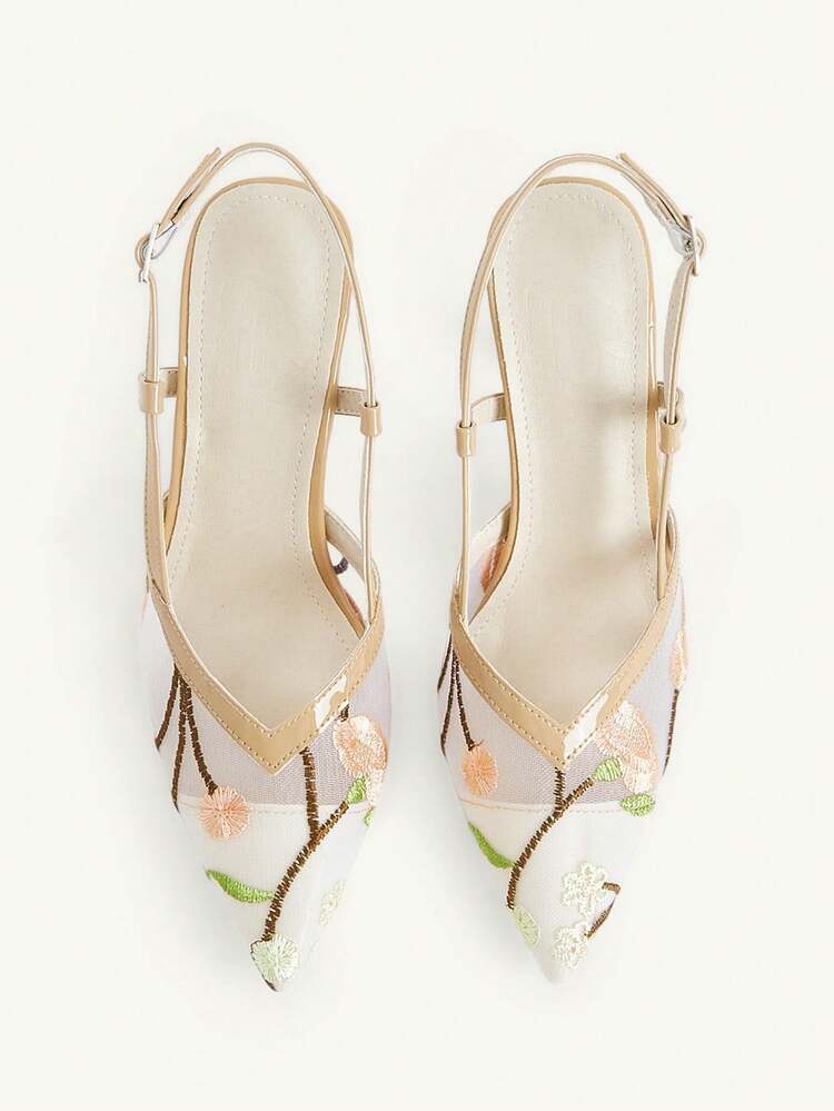 CUCCOO CHICEST Women Shoes Summer New Embroidery Embroidery Mesh High Heels Women's Pointed Back Empty Heel Single Shoes Temperament Celebrity Embroidery Single Shoes