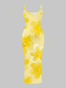 SHEIN PETITE CURVE CURVE Plus Size Women's Petite Yellow Floral Print Sleeveless Boho Beach Vacation Summer Casual High-Waisted Waist-Cinching Long Dress Outfits - Yellow - View 4