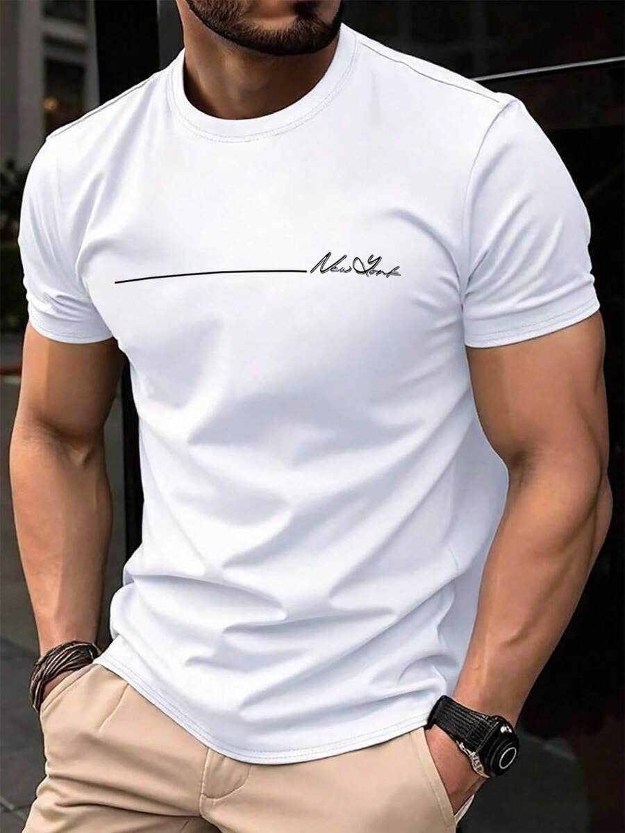 Manfinity Homme Men's Casual Simple New York Graphic White Round Neck T-Shirt - White - View 1
