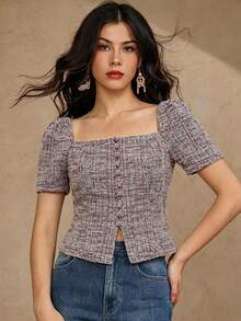 Blusa elegante de manga corta con cuello cuadrado y botones delanteros, unicolor, tops lindos de verano para mujer - Rosa - Ver 4