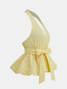 GlowEve 欧美女士梭织无弹力提花吊带收腰显瘦无袖褶皱上衣，黄色，优雅女士 - 彩色 - 查看 3