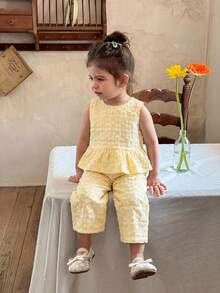 LMoss Kids 女婴格纹荷叶边休闲衬衫和宽松阔腿裤套装 - 彩色 - 查看 2