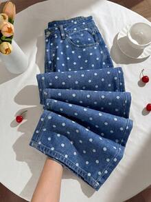 SHEIN Comfortcana Quần jeans nữ kiểu dáng thường ngày, họa tiết chấm bi, túi xéo. - Rửa nhẹ - Xem 1