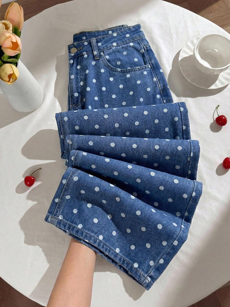 SHEIN Comfortcana Quần jeans nữ kiểu dáng thường ngày, họa tiết chấm bi, túi xéo. - Rửa nhẹ - Xem 1