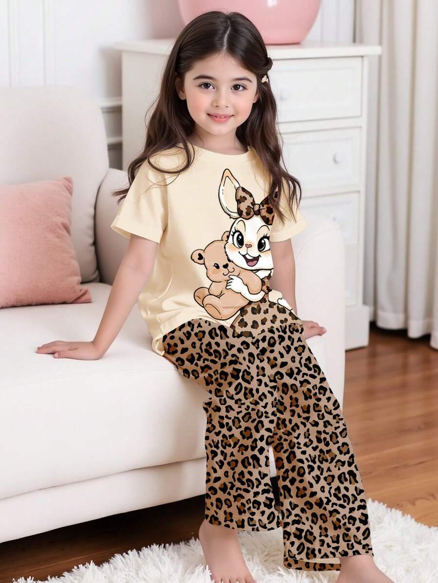 Tween Girls 2pcs White Summer Cute Home Wear Sleep Set,Leopard Bow Animal Rabbit & Bear Print Short Sleeve T-Shirt & Shorts,Comfy Casual Girly Style - Multicolor - View 1
