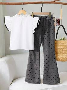 1 Conjunto de Blusa de Manga Corta con Lazo Blanco Vintage Casual y Pantalones Acampanados para Niñas, Conjunto de Verano - Blanco - Ver 3