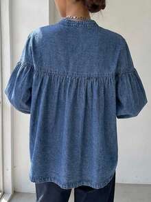 FRIFUL Women's Casual 3/4 Sleeve Raw Denim Shirt,Back To School Clothes - Blue - View 10