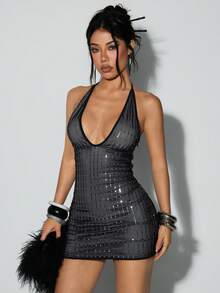 EgrlEra 女士时尚紧身性感夜店风网纱无袖深V领迷你连衣裙 - 黑色 - 查看 5