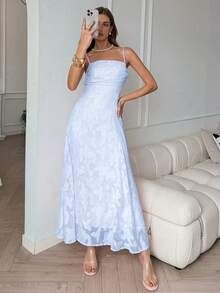 Elenzga Đầm chữ A không tay, xếp ly, chất liệu chiffon hai lớp dệt jacquard, thiết kế thắt eo, màu hồng nhạt, thanh lịch và lãng mạn, thích hợp cho kỳ nghỉ hè và mùa cưới. - Màu xanh lam - Xem 5