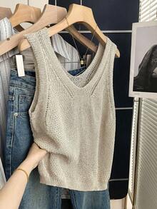 SHEIN Holidaya Neue Sommer Französisch Lässig Strickweste, einreihig, Cut Out gestrickte Textur, weiche Atmosphäre, Pendler-/Büromode Layering Design, V-Ausschnitt, neblig weiße ärmelloser Strickjacke - Aprikosenfarben - Übersicht 5