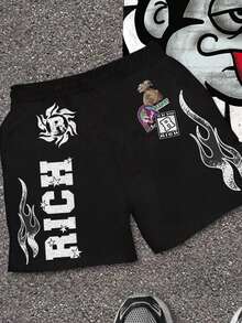SHEIN 2件套男童休闲时尚卡通人物“Rich Soon”图案印花T恤上衣和钱包，火焰图案短裤，适合夏季、街头风、摇滚乐、优雅休闲等场合。 - 彩色 - 查看 3
