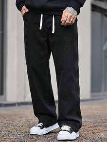 Devon Thys 男士高端简约百搭直筒水洗牛仔裤，抽绳松紧腰休闲裤，四季皆宜，垃圾摇滚风 - 黑色 - 查看 3