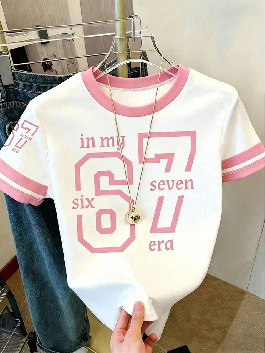1pc Tween Girl Cute Fitted Short Sleeve Round Neck Printed Number 67 Polyester T-Shirt,Contrast Color Trim,Back-To-School White Summer Casual School - Multicolor - View 1