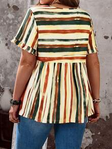 EMERY ROSE Blouse à manches courtes et volantées, col rond, rayures colorées, pour femmes grandes tailles, décontractée et idéale pour les vacances - Nude - Voir 3