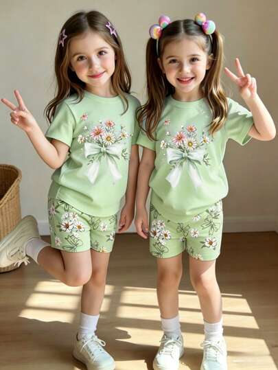 2026春夏新款女童时尚休闲碎花绿色上衣搭配蝴蝶花朵图案短裤套装，清新甜美，春夏皆宜，适合女孩户外、摄影、返校、运动等场合，充满春日气息和夏日风情。舒适百搭，时尚女童套装，休闲百搭，春夏新款，清爽休闲，春日假期必备。