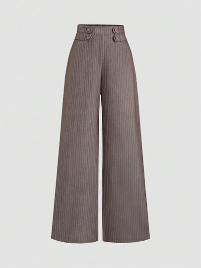 Sweetra Women's Woven Straight-Leg Pants, Vertical Striped, Button Design, Versatile For All Seasons, Suitable For Commuting, Shopping, And Workwear