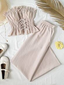 SHEIN Bộ đồ đôi nữ tuổi teen phong cách thường ngày, chất liệu vải dệt họa tiết kaki, kiểu áo quây buộc dây phía trước kẻ sọc nhún bèo và quần ống rộng cạp thấp có dây rút, thích hợp cho mùa hè, chụp ảnh đường phố, ăn trưa. - Màu Khaki - Xem 3