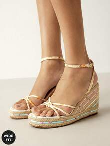 SHUZIA Wide Fit Ladies Elegant Cute Floral Print Ankle Strap Espadrille Wedge - Yellow - View 6