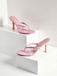 SHEIN SHUZIA Giày sandal cao gót mũi vuông đính pha lê tua rua thời trang dành cho nữ, thích hợp dự tiệc và dạ hội, màu hồng. - Hồng - Xem 4
