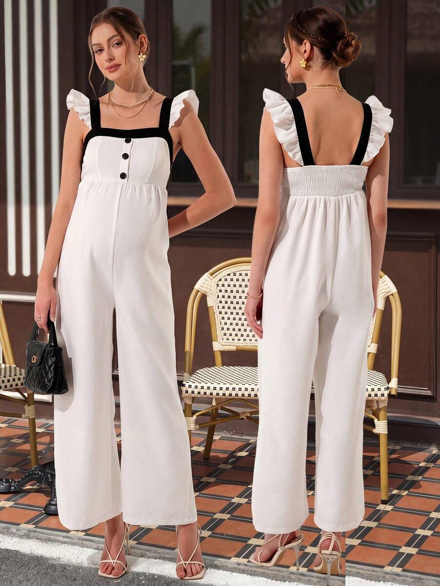 Momance Maternity Fashionable Sweet Vacation Style Casual Ruffle Armhole Jumpsuit, Spring/Summer - Black and White - View 1