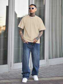Devon Thys Men's Solid Color Low Stretch Simple Lightweight Loose Fit Short Sleeve T-Shirt, Versatile For Summer - Apricot - View 1