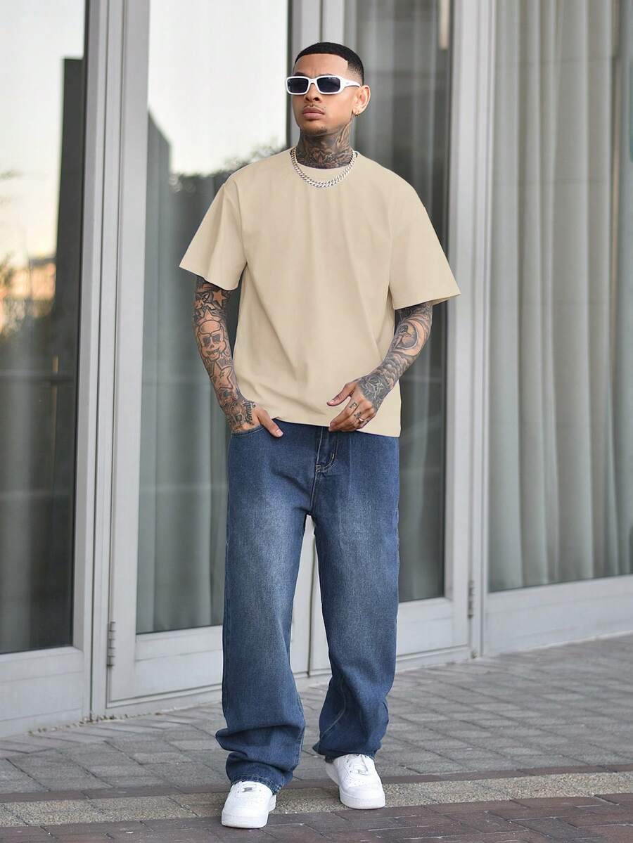 Devon Thys Men's Solid Color Low Stretch Simple Lightweight Loose Fit Short Sleeve T-Shirt, Versatile For Summer - Apricot - View 1