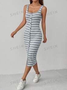 Flirla Petite Women's Striped Print Simple Daily Dress Maxi Women Outfit - Grey - View 5