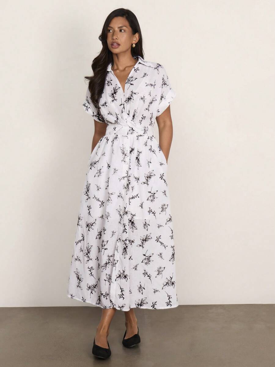 COSMINA Vestido de manga corta con estampado floral minimalista, escote en V con detalle en la cintura, sin mangas, con estampado floral negro, adecuado para uso diario, vestido minimalista casual, vestido de verano para mujer - Multicolor - Ver 1