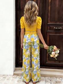SHEIN Setelan 2 Potong untuk Anak Perempuan: Atasan Lengan Pendek Warna Polos, Motif Lemon, dan Celana Panjang - Kuning - View 2