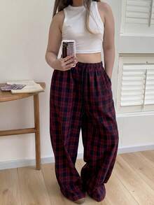 SHEIN PETITE CURVE 大码女式休闲格子印花抽绳腰宽松阔腿裤，适合日常通勤和上学穿着 - 彩色 - 查看 4