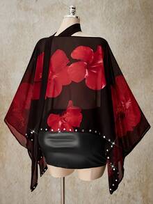 SHEIN ICON 大码女式印花串珠不对称下摆时尚衬衫 - 彩色 - 查看 2