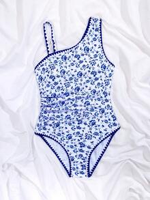 SHEIN 女童撞色滚边连体泳衣，撞色贝壳装饰，不对称肩部设计，适合夏季度假、圣诞节、节日、新年、情人节等场合，高腰泳衣套装，度假两件套，蓝色碎花泳衣，夏季两件套，蓝色雏菊泳衣，单肩比基尼，青少年泳装，蓝色雏菊学院风两件套 - 藍色 - 查看 4