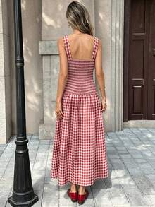SHEIN PariChic 红色格子吊带连衣裙，优雅夏季度假装，时尚派对服饰 - 紅白色 - 查看 2