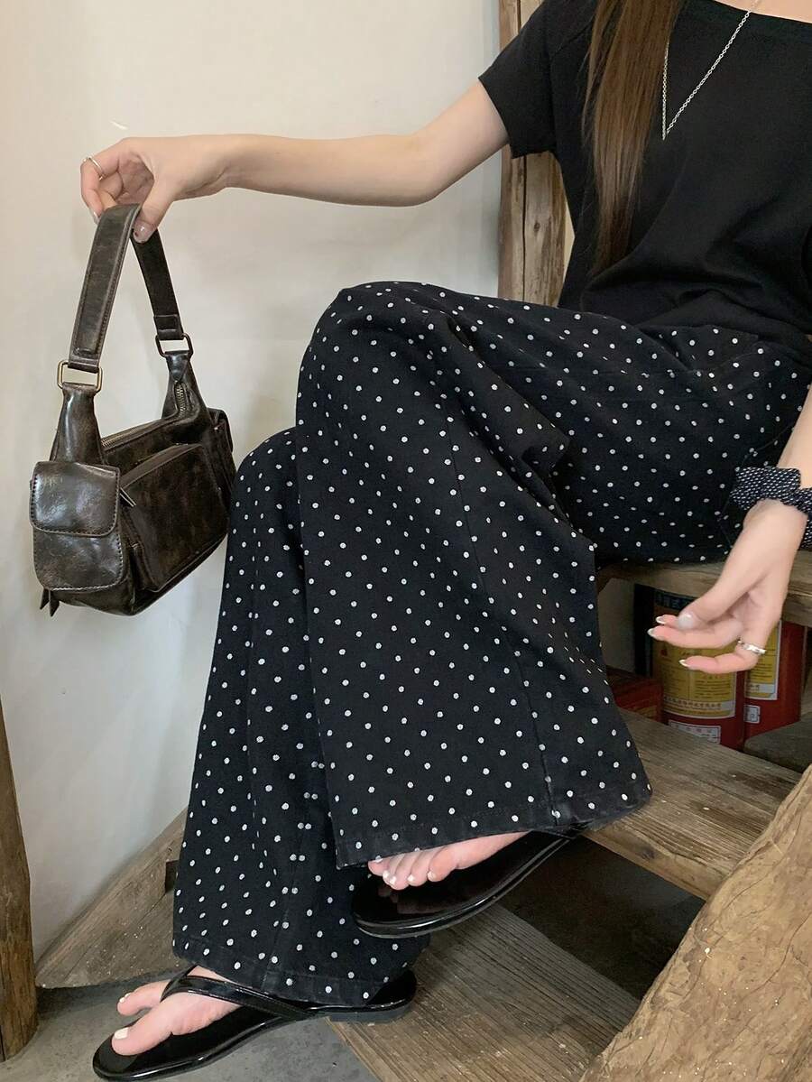 DAZY 女士波点宽松休闲牛仔裤，四季皆宜 - 藍色 - 查看 1
